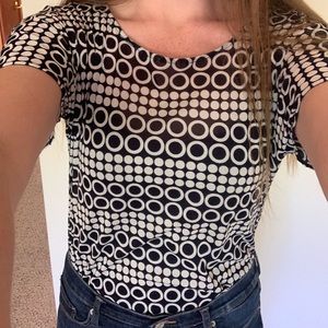 Semi Sheer Black & White Patterned Polka Dot Top Size Small